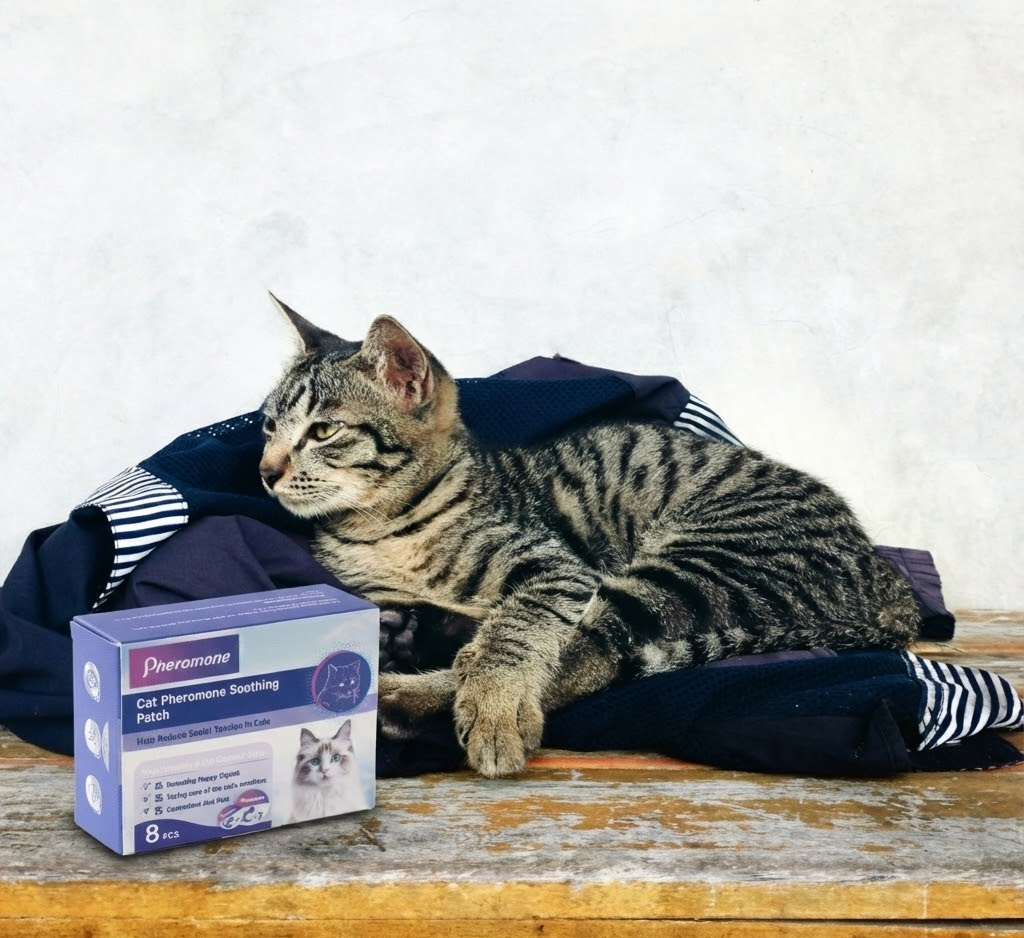 Tabby cat lying on a folded jacket next to a box of cat pheromone soothing patches on wooden surface