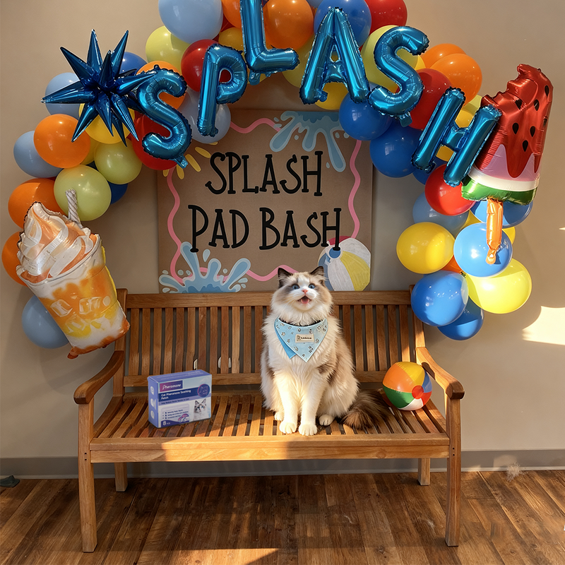 Fluffy cat wearing blue bandana sitting on wooden bench under colorful balloon arch with splash party decorations