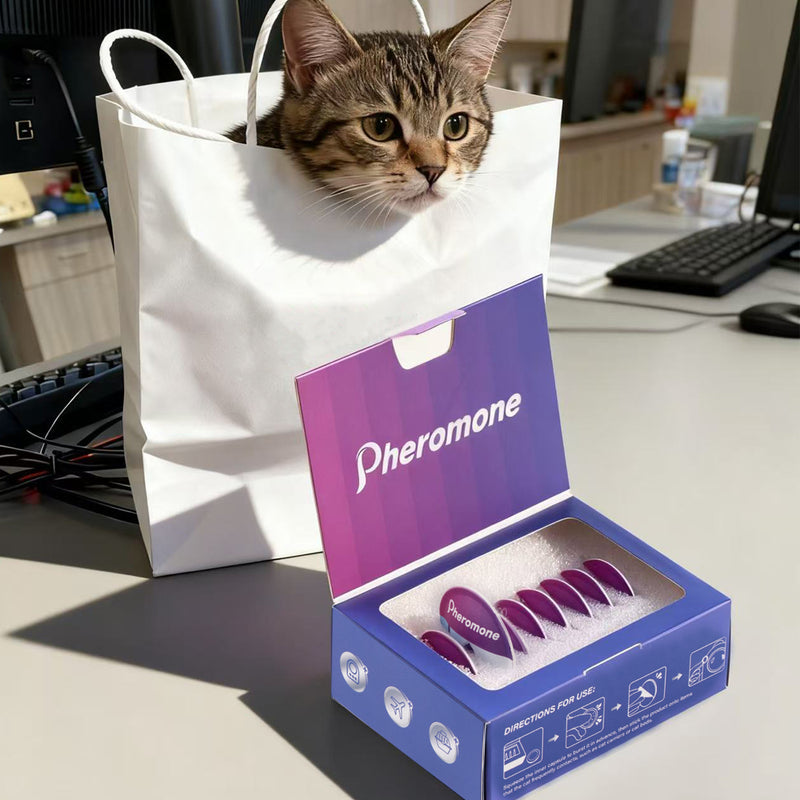 Tabby cat peeking from white paper bag next to open Pheromone product box on office desk